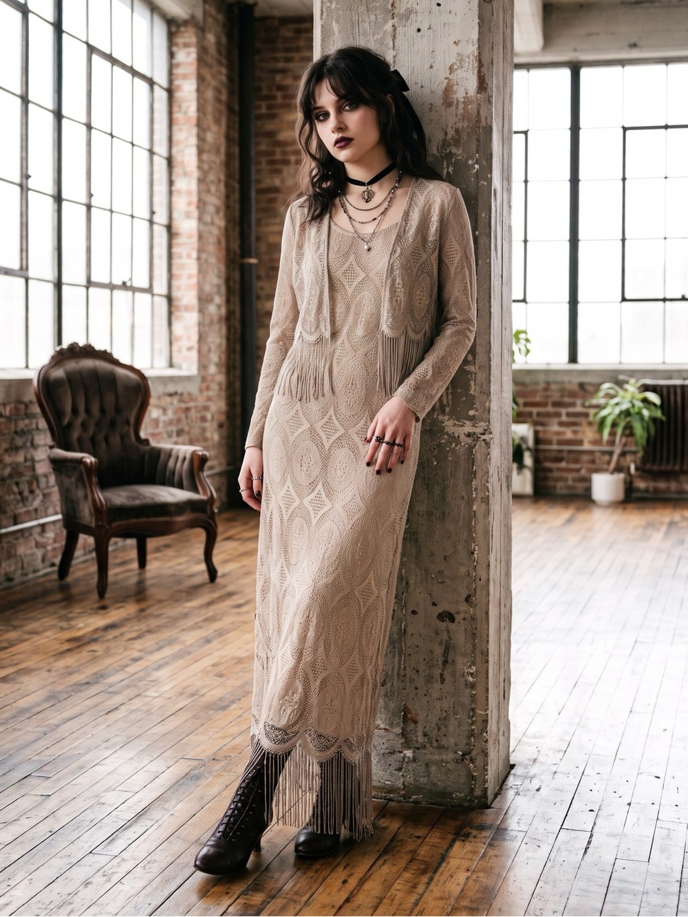 Vintage 90s Algo Lace Fringe Maxi Dress Cardigan Set | Made in Canada - US 8